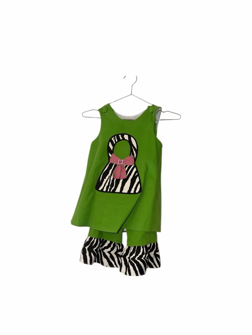 Vtg Potato Saks Girls Green corduroy purse Zebra print ruffle hem pant Set sz 5